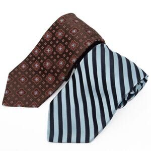 2 Ike Behar Designer Brown Blue Striped 100% Silk Neckties